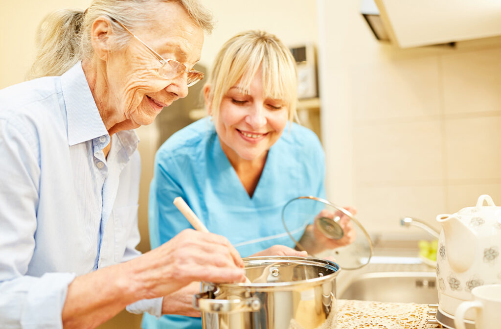Senior enjoying a favorite hobby independently at home.