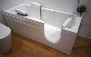 Walk-in tub installed in an accessible residential bathroom.