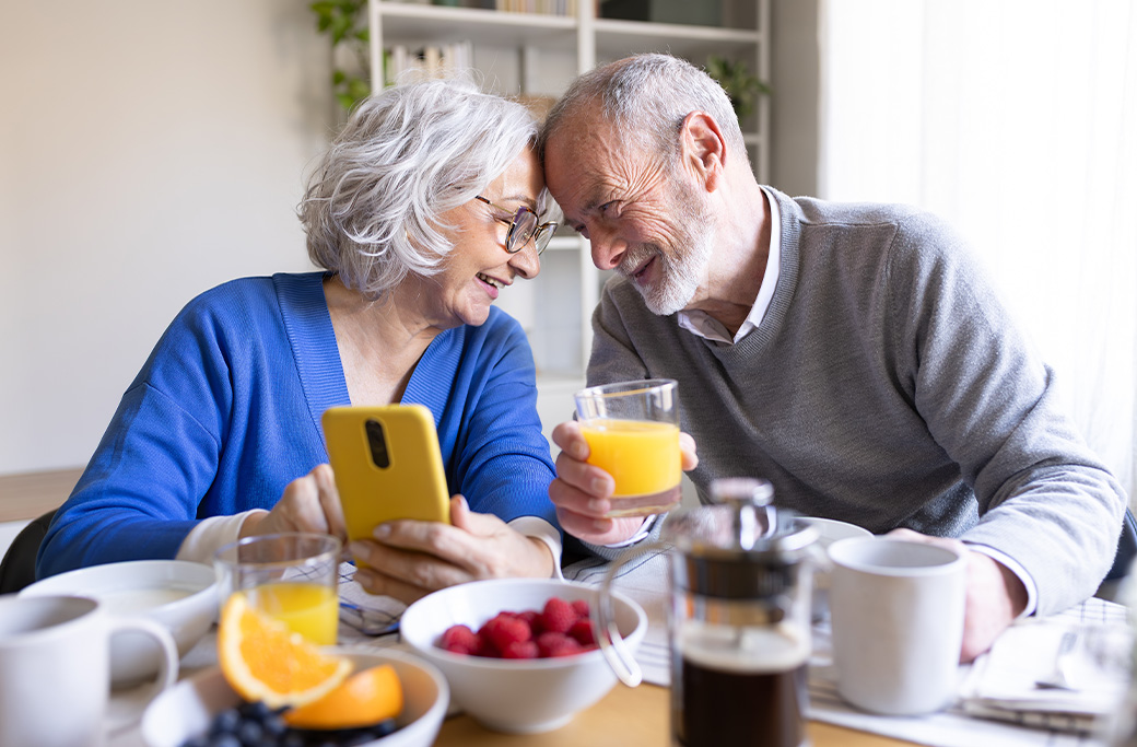 Senior couple enjoying an independent lifestyle in an accessible home designed for aging in place.