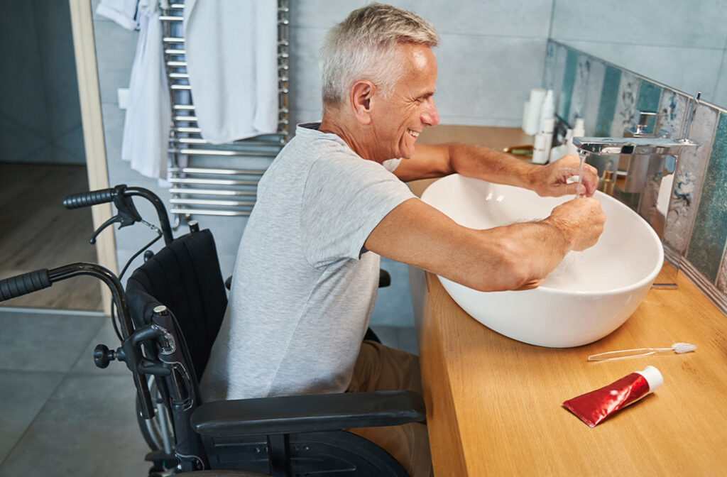 Accessible bathroom design with wheelchair height vanity for accessibility after surgery