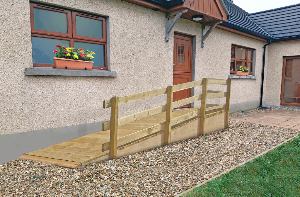 Accessible front entrance with wheelchair ramp and handrails.