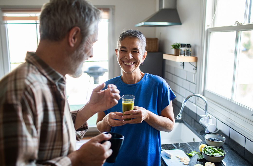 Senior couple enjoying a healthy and independent lifestyle in an accessible home.